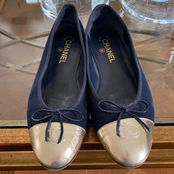 CHANEL Shoes - Chanel ballet flats dark navy with gold toe box